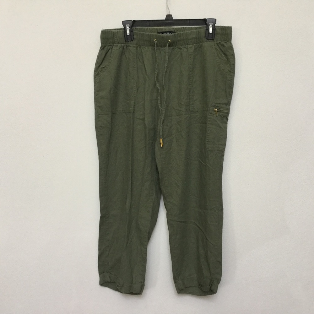 Ellen Tracy Linen Blend Army Green Pull On Capris Large Comfy Casual Loose